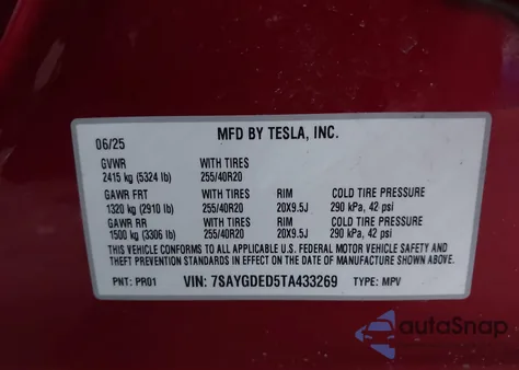 2026 Tesla Model Y Premium Rear-Wheel Drive/Standard Rear-Wheel Drive z USA, uszkodzony, nr VIN 7SAYGDED5TA433269